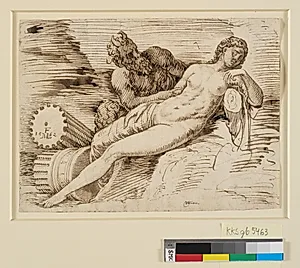 En satyr belurer den sovende Antiope by Melchior Lorck