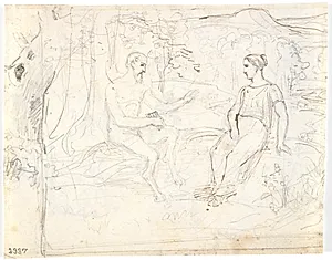 En satyr med fløjte og en ung pige, siddende i en skov by Dankvart Dreyer