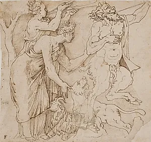 En satyr, to kvinder, en løve og en ged by Ubekendt