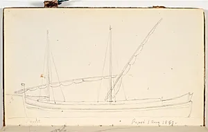 En sejlbåd med to master og to tværstænger med oprullede sejl by P.C. Skovgaard