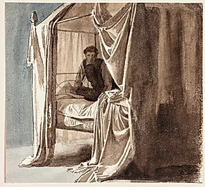 En seng med omhæng. Studie til billedet "Niels Ebbesen og Grev Gert" udstillet 1868 by Carl Bloch