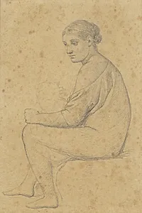 En siddede kvinde, til hvis knæ et barn støtter sig. by C.W. Eckersberg