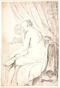 En siddende dame i let negligé læser et brev, der er overbragt af hendes sorte tjenestepige by Pieter de Grebber