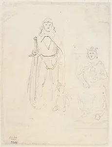En siddende kongefigur, med krone, scepter og æble samt en stående figur i rustning by Dankvart Dreyer