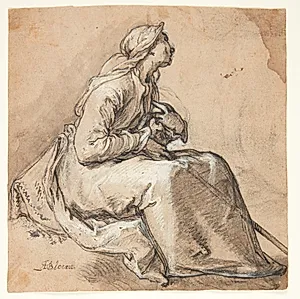 En siddende kvinde vendt mod højre, i en bønligt ydmyg stilling by Abraham Bloemaert