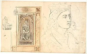 En siddende kvindelig figur, anbragt i en gotisk indramning. Et kronet hoved m.m. by Dankvart Dreyer