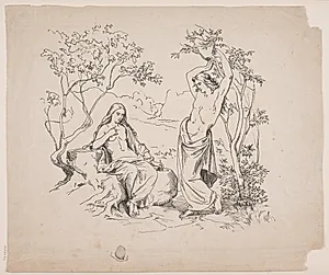 En siddende, kvindlig og en stående, mandlig figur by Ubekendt