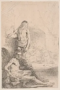 En siddende og en stående mandlig model by Rembrandt van Rijn