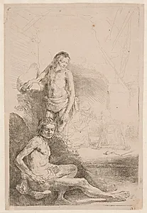 En siddende og en stående mandlig model by Rembrandt van Rijn