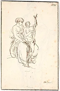 En siddende ung kvinde med en stående nøgen dreng, der rækker sin ene arm i vejret by Nicolai Abildgaard
