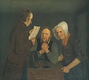 En skolemester læser et brev op for et par gamle folk fra deres søn i udlandet by Moritz Unna