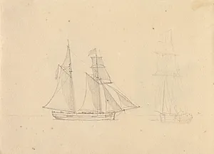 En skonnert under sejl, til højre et andet skib. by C.W. Eckersberg