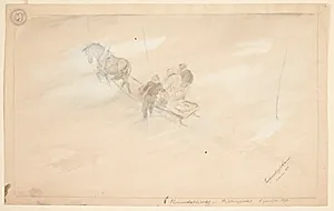 En slæde set fra oven, der trækkes af en hest, med to siddende personer og en stående ved siden af, alle set bagfra by Ferdinand Kjerulf Tranaas
