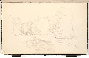 En sø. På bredden store træer og græs by P.C. Skovgaard