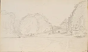 En sø. På bredden store træer og græs by P.C. Skovgaard