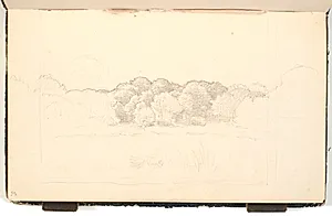 En søbred. I baggrunden tæt træbevoksning by P.C. Skovgaard