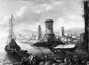 En søhavn by Adriaen van der Kabel