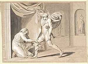 En soldat finder Claudius, der frygter for at blive Kejser, gemt bag et gardin by Nicolai Abildgaard