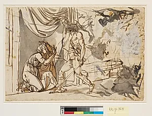 En soldat finder Claudius, der frygter for at blive kejser, gemt bag et gardin by Nicolai Abildgaard