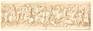 En soldat; germanske ryttere føres til Marcus Aurelius; sarmaterne drives på flugt af romerne; romere på march med følge by Giovanni Guerra