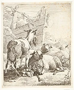 En stående ged og tre liggende får by Johann Heinrich Roos