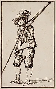 En stående soldat med en musket over skulderen by Govert Flinck
