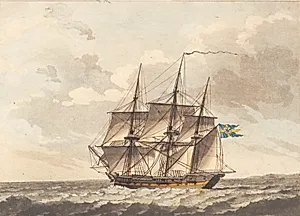 En svensk fregat med rebede merseil under vinden by Niels Truslew