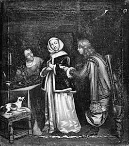 En trompeter overbringer en dame et brev by Ubekendt