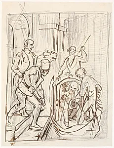 En tyk herre er ved at stige ud af en gondol by Wilhelm Marstrand