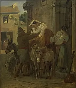 En tyk romerinde hjælpes op på æslet by Wilhelm Marstrand