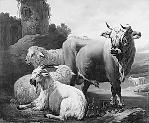 En tyr, får og geder i et landskab by Philipp Peter Roos