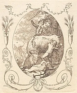 En tyr stanger efter en liggende dreng, som to kammerater søger at hjælpe by Heinrich Grosch
