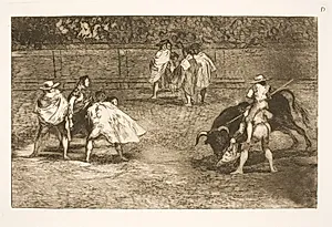 En tyrefægter, siddende på skuldrene af en hjælper, stanger en tyr by Francisco de Goya