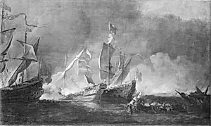 En tyrkisk galej i kamp med to engelske krigsskibe by Willem II van de Velde