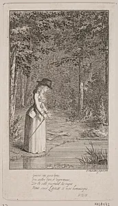 En ung dame står i en skov ved vandbred by Georg Christian Schule