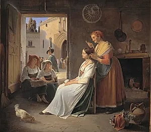 En ung italiensk kvinde, som smykkes af sin mor
