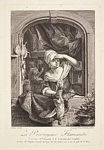 En ung kvinde i et vindue med en død fugl i hånden (La Pourvoyeuse Flamande) by Marie Madeline Igonet