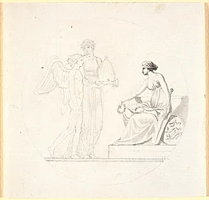 En ung kvinde med en bikube fører en vinget ung mand hen mod en siddende kvindefigur by Nicolai Abildgaard