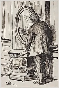 En ung mand betragter tre kvinder i et spejl by Carl Bloch
