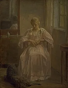 En ung pige, Sophie Lofthus, med en hund by Karl Schou