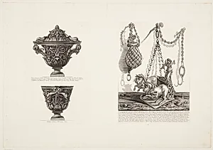 En urne, set fra to vinkler, samt to bronzelamper, hvoraf en er formet som en vogn, trukket af to tyre og med Diana som vognstyrer by Giovanni Battista Piranesi