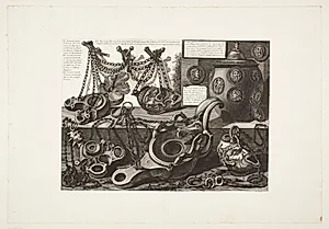 En vase samt forskellige lamper, hvoraf nogle er formet som menneskeansigter eller masker by Giovanni Battista Piranesi