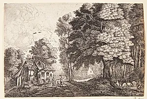 En vej med to figurer ved et skovbryn, t.h. en hyrde med sine dyr by Jean Baptiste Bonnecroy