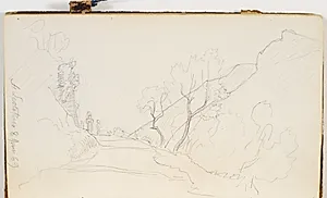 En vej ved en skrænt. To personer går på vejen. Ved siden af vejen nogle små træer. I baggrunden bjerge by P.C. Skovgaard