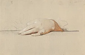 En venstre hånd hvilende på et bord, holdende en rose by Jens Juel