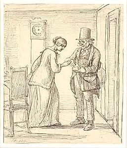 En yngre dame modtager er brev af postbudet by Wilhelm Marstrand