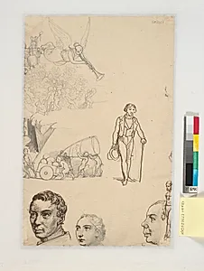 Engel med trompet, engle plukker frugt, satyrer med sukkertop, herre med stok, hoveder, en page by Wilhelm Marstrand