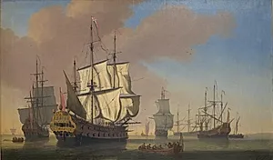 Engelske orlogsskibe på en rhed i stille vejr by Jan Karel Donatus van Beecq