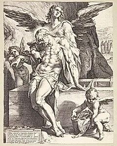 Engle støttende Kristi lig by Hendrick Goltzius