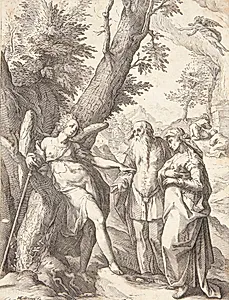 Englen bebuder Samsons fødsel til Manoa og hans kone by Hendrick Goltzius